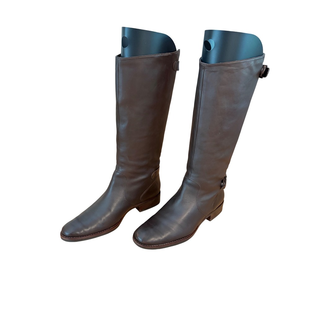 J. Jill Brown Leather Tall Riding Boots Back Zip Buckle 10M Fall Winter Preppy
